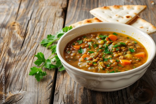 Lentil soup served with pita bread in a white bowl on wood surface