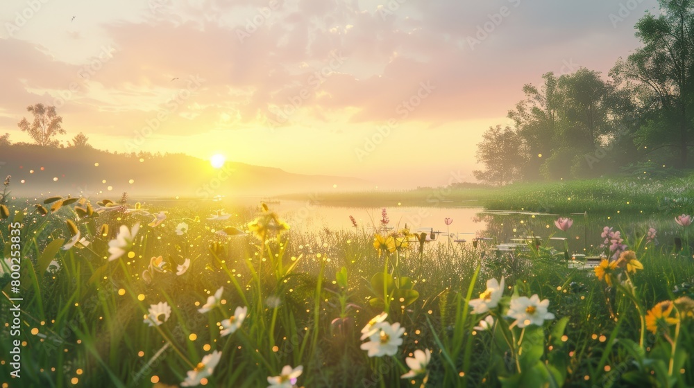 A serene sunrise over a tranquil meadow, with wildflowers in full bloom and gentle dewdrops glistening in the morning light.