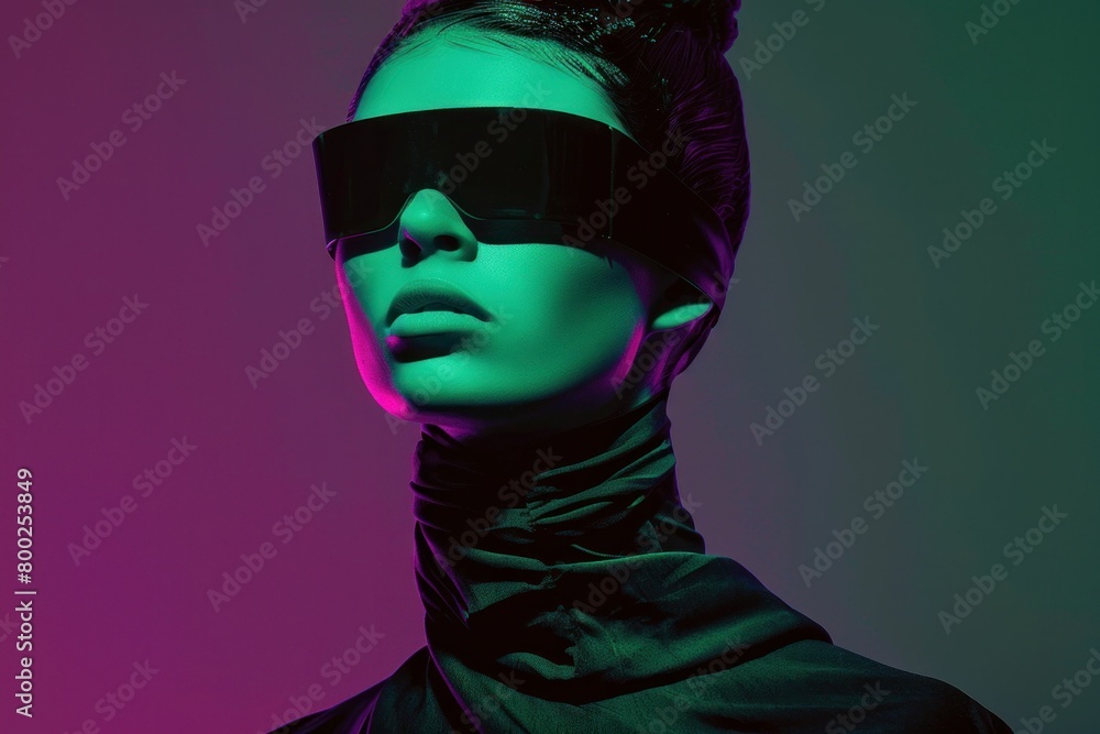 Stylish woman with sunglasses in green and purple color scheme makeup on face posing for camera