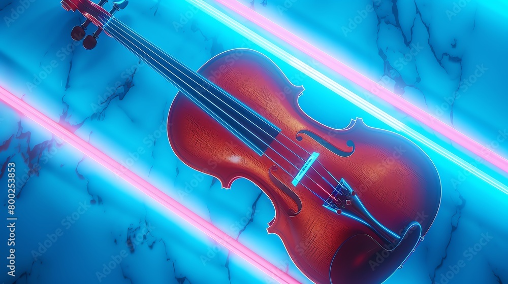 Classical violin under blue neon lights, 3D rendering, soft focus background, from above