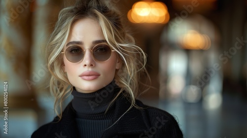 In a black classic jacket and black stylish sunglasses, young blonde woman on the street. Casual style portrait.