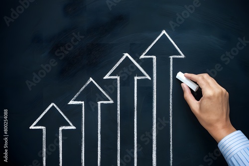 Symbolic white arrows on chalkboard with hand holding chalk representing progress and growth photo