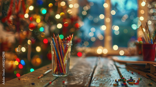 Bright and warm holiday photo. Table with school supplies, colored pencils. A Christmas tree with glowing lights is depicted on a blurred background