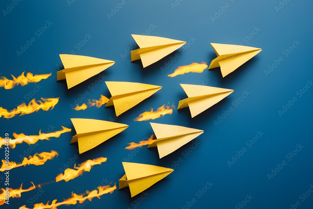 Dynamic yellow paper planes on blue background convey motion, launch, aspiration, progress with flame like trails Dynamic yellow paper planes on blue background convey motion, launch, aspiration, progress with flame like trails