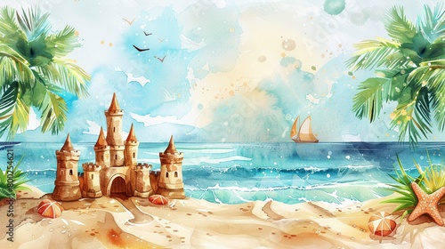 Watercolor hand drawn magnificent sandcastle on a tropical beach, bright pastels, vibrant summer theme