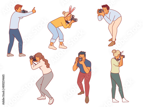 Professional photographers. People holding digital cameras, paparazzi taking photo, creative profession or hobby, quick pictures, men and women cartoon flat style isolated vector set