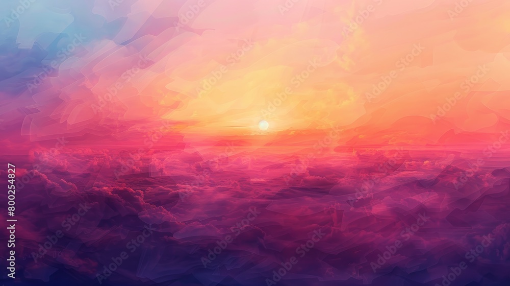 A stunning digital artwork showcasing the vibrant colors of an April sunset, with hues of orange, pink, and purple blending seamlessly across the horizon