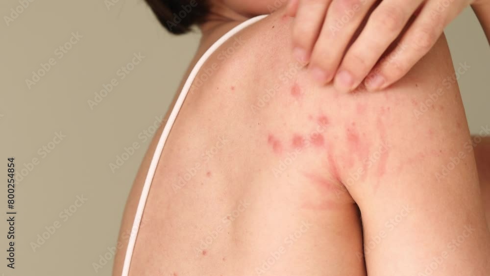 A woman scratches her shoulder bitten by a bedbug on a white background, close-up. Skin health problem. Red pimples.