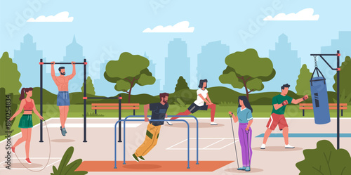 People on street workout. Athletes engaged fitness on outdoor sports ground, park turnstiles and exercise equipment, summer healthy lifestyle, cartoon flat style nowaday vector concept