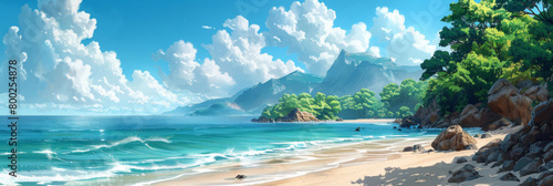 Beautiful tropical summer background with sea and palm trees, and mountains. Vacation season, cartoon illustration