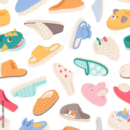 Home cozy slippers seamless pattern. Comfortable colorful house shoes, textile and fluffy fur footwear, cute animal faces, decor textile, wrapping, wallpaper design. Vector background