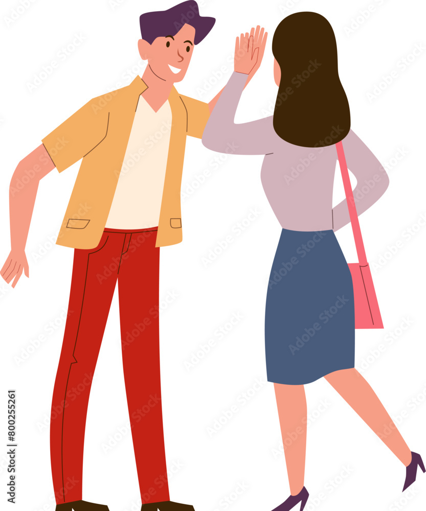 High five. Happy people informal greeting joyful emotional gesture. Happy man and woman friends together, colleague in office, partnership concept. Vector cartoon flat isolated illustration High five. Happy people informal greeting joyful emotional gesture. Happy man and woman friends together, colleague in office, partnership concept. Vector cartoon flat isolated illustration