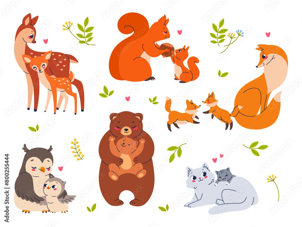 Happy parents and kids animals. Cute mothers with children, wildlife characters, cartoon fauna families, babies with moms, deer with fawn, fox and bear, cat and owl, vector cartoon flat set