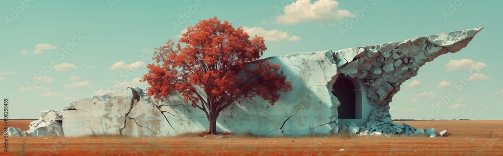 Panoramic striking image blending nature and surrealism. Depicting a vibrant tree beside a crumbling. Abstract structure under a vast clear sky. Resilience and the passage of time Panoramic striking image blending nature and surrealism. Depicting a vibrant tree beside a crumbling. Abstract structure under a vast clear sky. Resilience and the passage of time