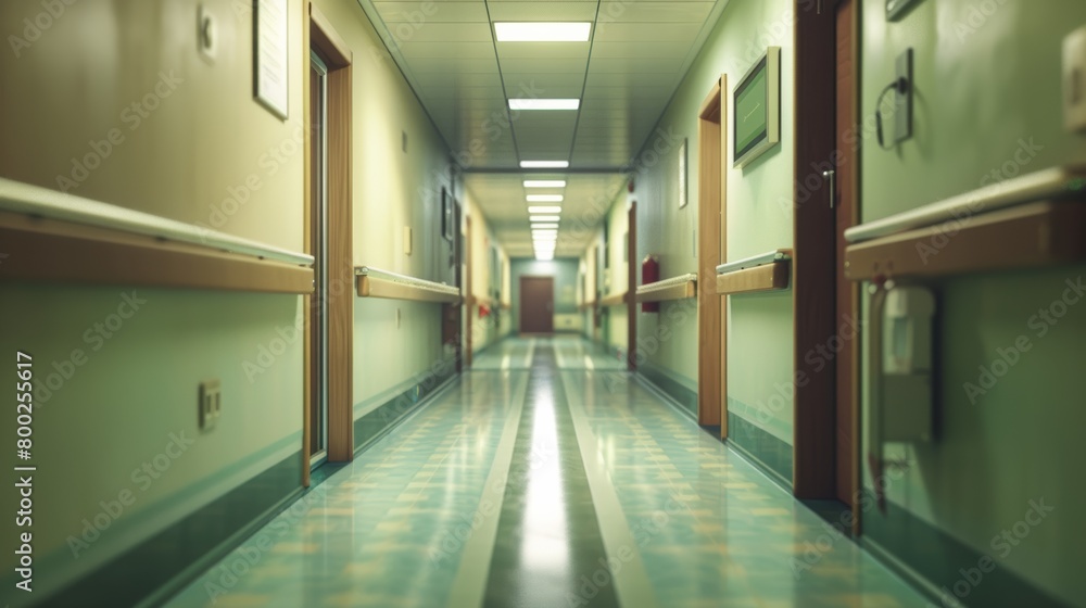Obraz premium A thought-provoking photorealistic image of a hospital hallway, symbolizing the interconnectedness of healthcare and the diverse journeys of patients.
