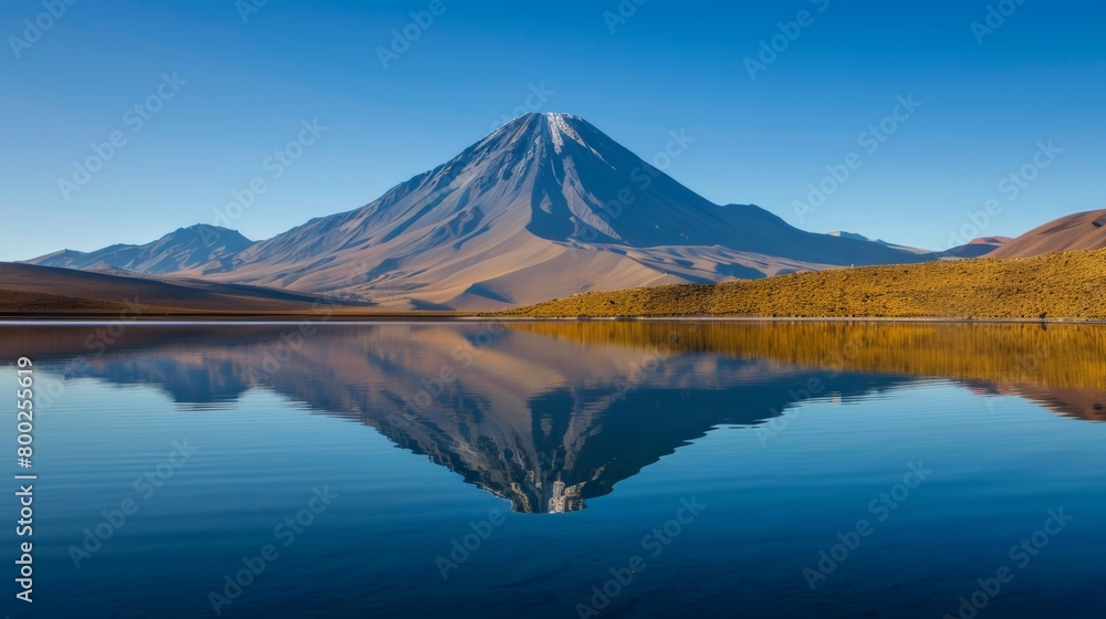 Naklejka premium A tranquil scene of a volcano reflecting in a serene lake, with the surrounding mountains mirrored in the still water.