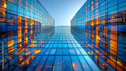 Modern glass skyscrapers perspective view with sky reflection, business concept