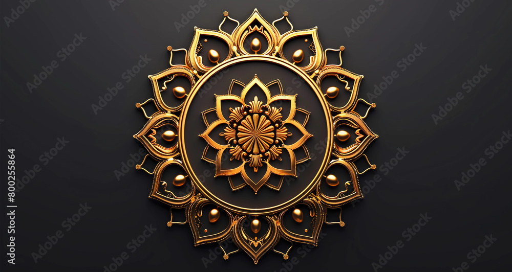 Complete golden mandala with decorative pattern frame isolated on a dark background