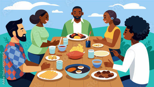 Guests gather around a picnic table eager to dive into heaping plates of smothered pork chops blackeyed peas and cornbread at the Juneteenth Soul Food. Vector illustration photo