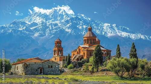Fototapeta Naklejka Na Ścianę i Meble -  Beautiful Georgia old church, fantastic landscape with mountains
