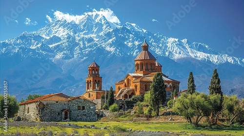 Beautiful Georgia old church, fantastic landscape with mountains photo