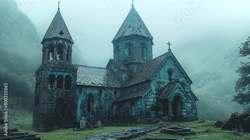 Beautiful Georgia old church, fantastic landscape with mountains