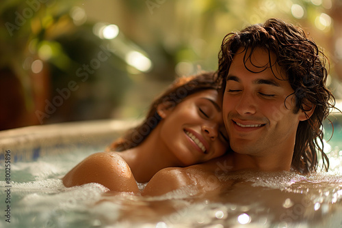 Couples Massage: A couple indulges in a relaxing massage at a luxurious spa, surrounded by the soothing scent of essential oils and the gentle sound of trickling water. Their stres photo