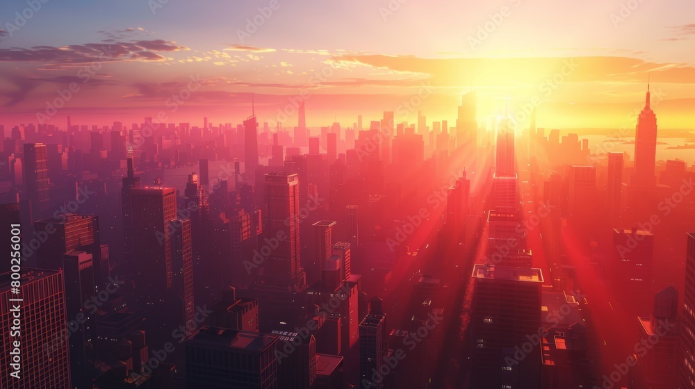A vibrant sunrise over a bustling cityscape, with skyscrapers casting long shadows and the first rays of sunlight illuminating the urban landscape.