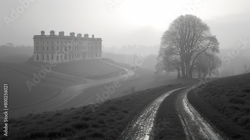 sSoft minimalistic landscape of english country side with fields and old mansion house, in black and white