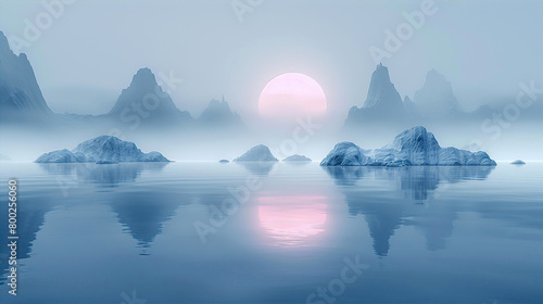 Beautiful Arctic morning with icebergs and calm water  photo