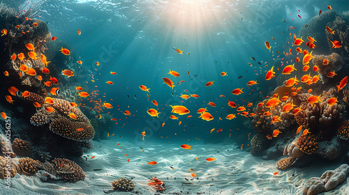 Under the water, corral fish and beautiful sun beams at sea bottom  photo