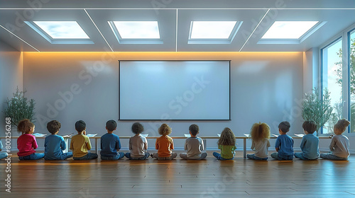 Group of little children sitting in line and looking at white screen with copy space, educational concept 