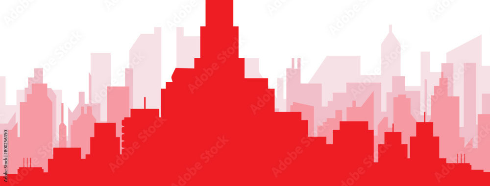 Red panoramic city skyline poster with reddish misty transparent background buildings of BOGOTA, COLOMBIA