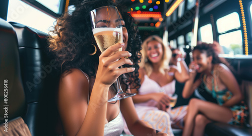 Cheerful diverse women enjoying a bachelorette party on a party bus photo