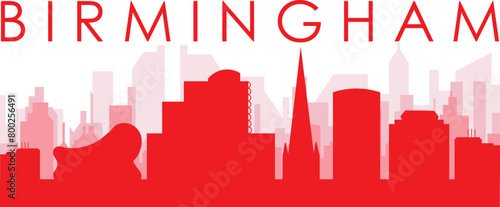 Red panoramic city skyline poster with reddish misty transparent background buildings of BIRMINGHAM, UNITED KINGDOM