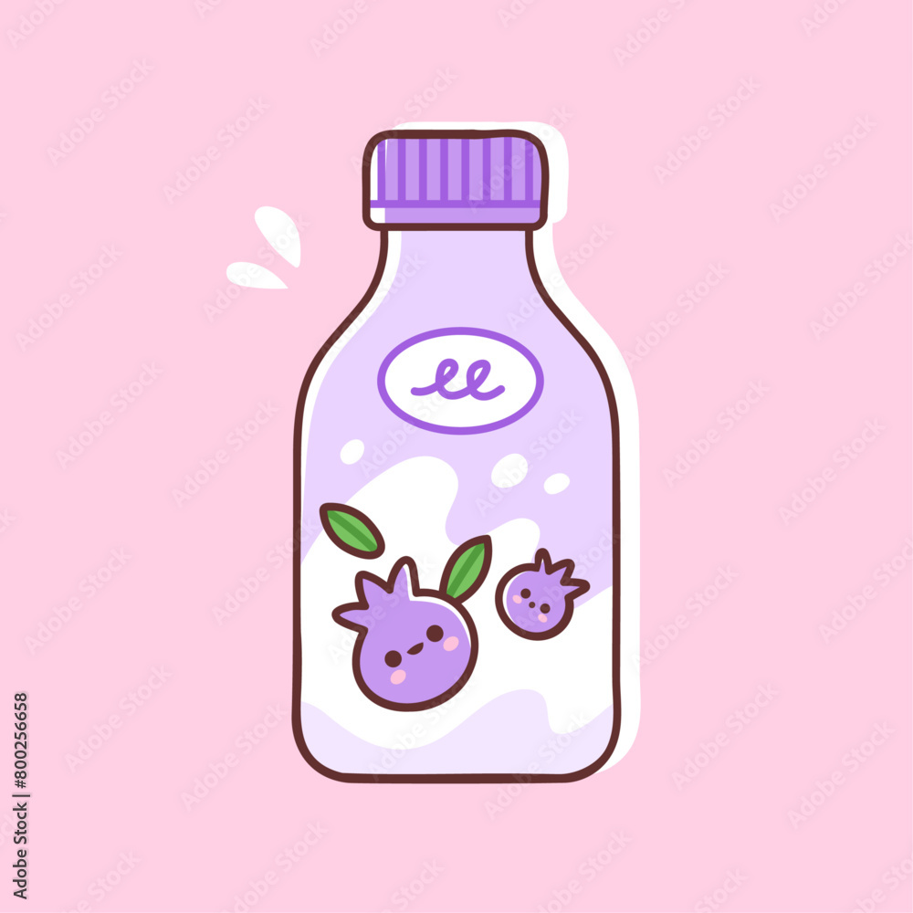 Blueberry yogurt in a bottle. Vector illustration of a sweet dairy drink in cute packaging. Quick snack in colorful flat style. Blueberry yogurt in a bottle. Vector illustration of a sweet dairy drink in cute packaging. Quick snack in colorful flat style.