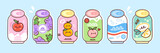 Fruit flavored soft drinks. Vector illustration of carbonated beverages in colorful cans. Apple, orange, peach and grape flavored sodas in cute flat style.  Elements are isolated.