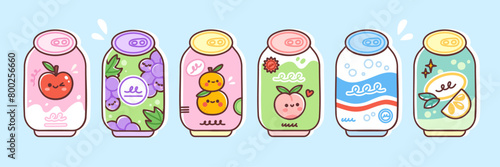 Fruit flavored soft drinks. Vector illustration of carbonated beverages in colorful cans. Apple, orange, peach and grape flavored sodas in cute flat style.  Elements are isolated.