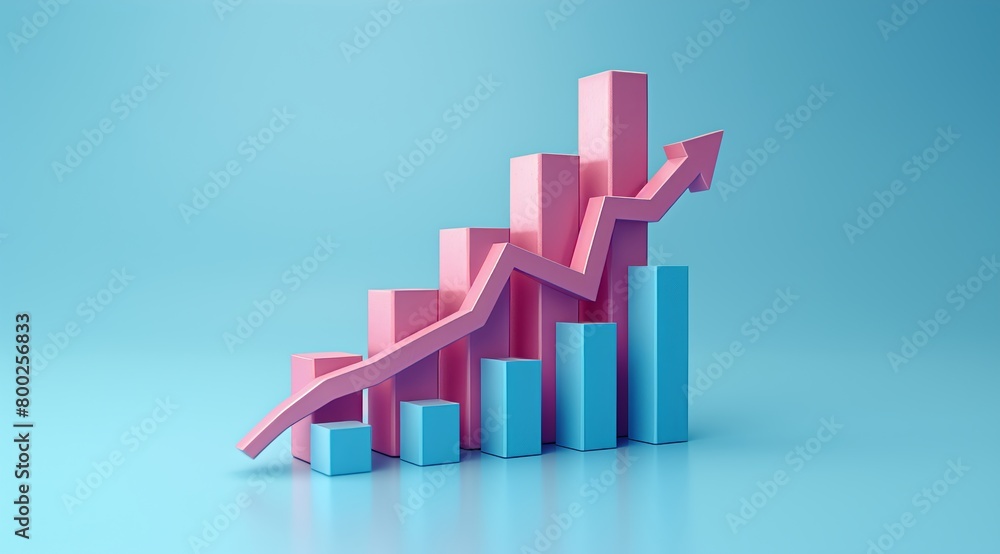 Bar graph growing upwards on blue background, arrow pointing up to right side. Bar graph growing upwards on blue background, arrow pointing up to right side.