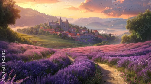 A winding path meandering through a purple lavender field, leading to a charming village in the distance