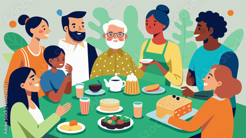 An illustration of a community potluck with a diverse group of people enjoying food and conversation while a Civil Rights veteran shares their. Vector illustration