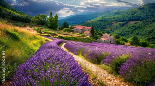 A winding path meandering through a purple lavender field, leading to a charming village in the distance