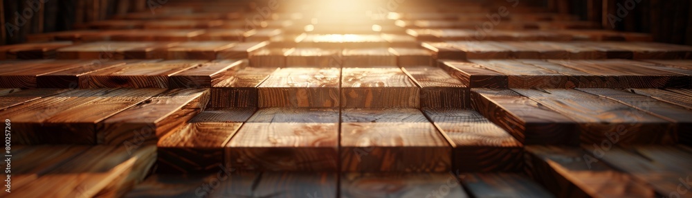 A bridge made of wooden blocks, each step with a phase of quality assurance, illustrating the journey towards consistent customer satisfaction, space at the bottom for text A bridge made of wooden blocks, each step with a phase of quality assurance, illustrating the journey towards consistent customer satisfaction, space at the bottom for text