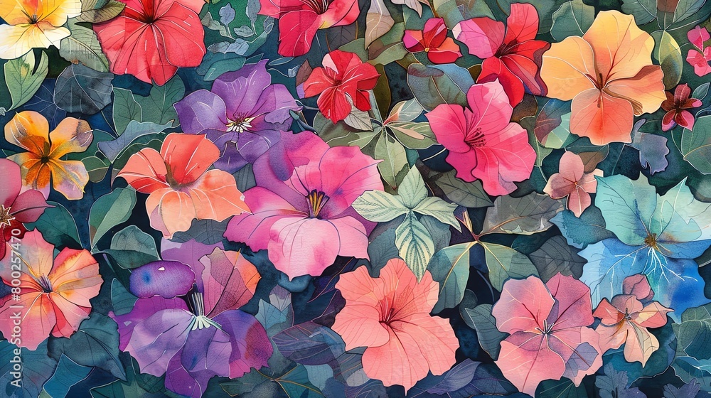 Floral tapestry in watercolors, diverse blooms, rich colors, intimate closeup view