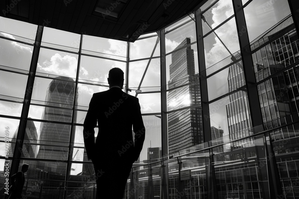 Businessman Silhouette Overlooking Urban Skyline
Businessman Silhouette Overlooking Urban Skyline