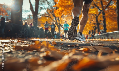 Close up of a male runner's legs running in an autumn park during a marathon race, with a depth of field. Blurred crowd and trees with orange leaves in the background. 