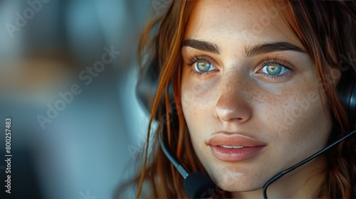 Close-up of a customer service representative with a compassionate expression, actively listening to a customer's concern over the phone, set against an isolated background with space for text photo