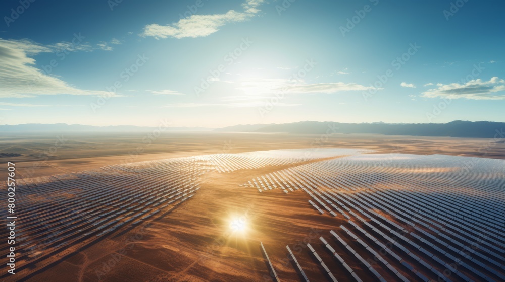 An aerial view of a vast solar farm stretching across a desert landscape, resembling a golden grid under the clear blue sky.
