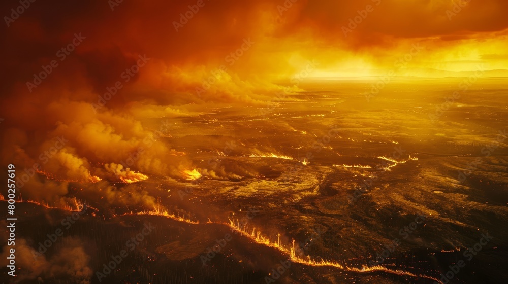 An aerial view of a wildfire spreading across a vast landscape, casting an orange glow over the horizon.