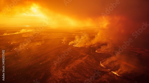 An aerial view of a wildfire spreading across a vast landscape, casting an orange glow over the horizon. © venusvi